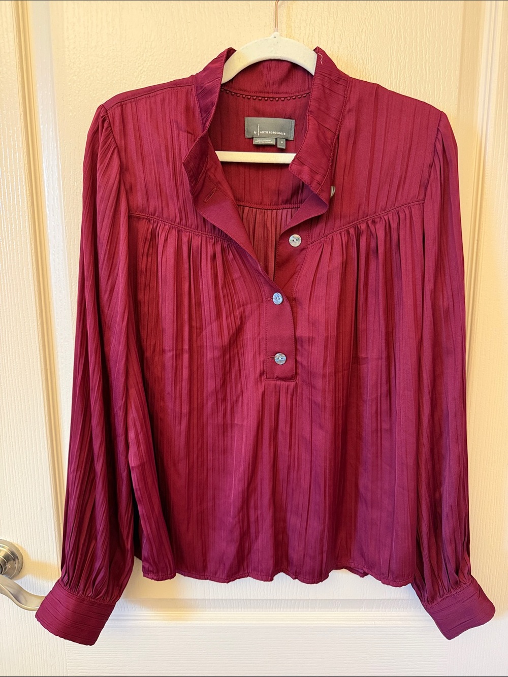 Anthropologie Burgundy Pleated Long-Sleeve Women's Blouse